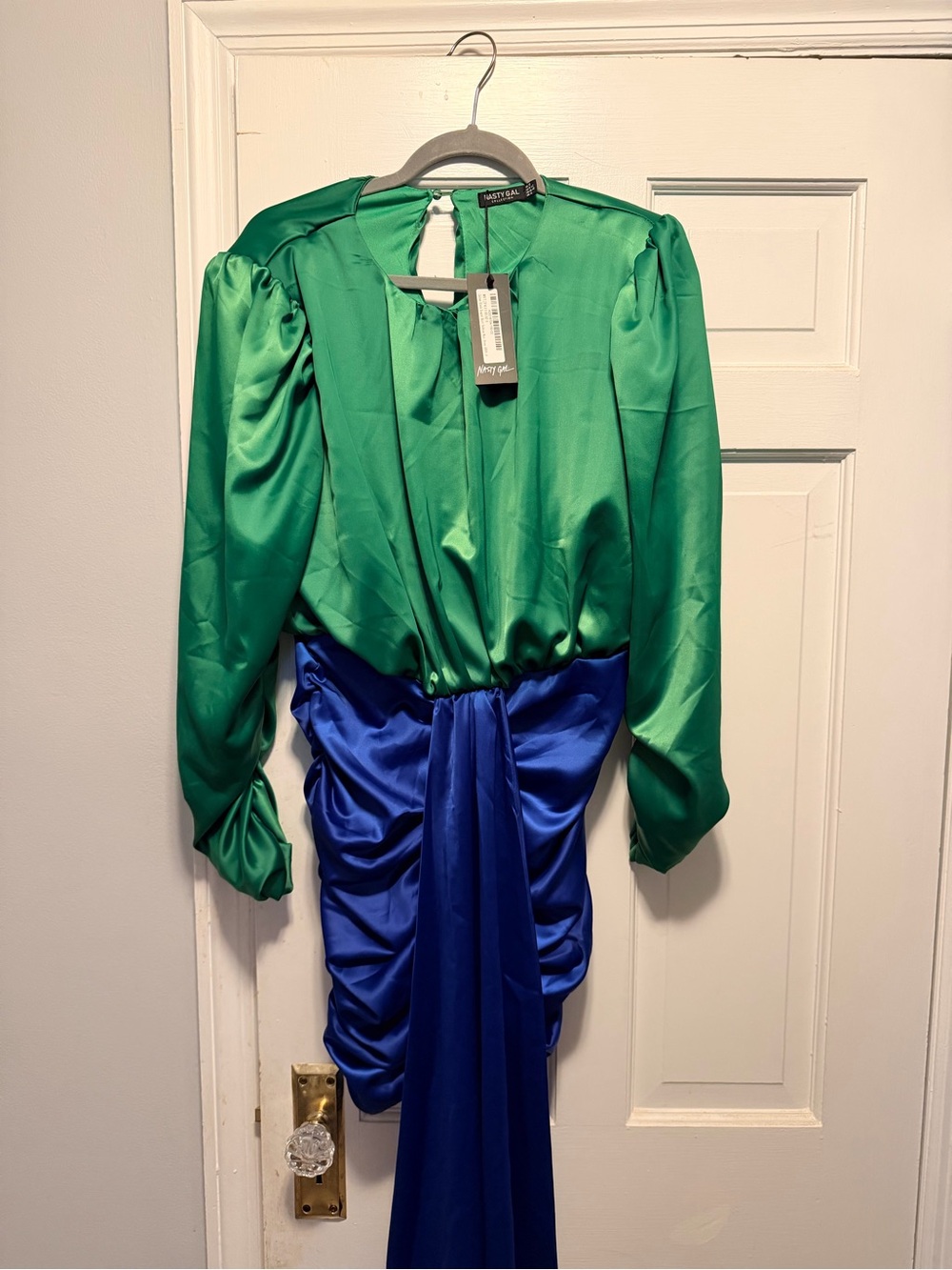 Nasty Gal Emerald Green and Cobalt Blue Satin Long Sleeve Ruched Cocktail Dress